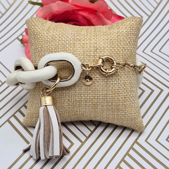 J Crew Chunky Gold Tone Cream Enamel Large Link Statement Bracelet 8" Tassel - Picture 4 of 9